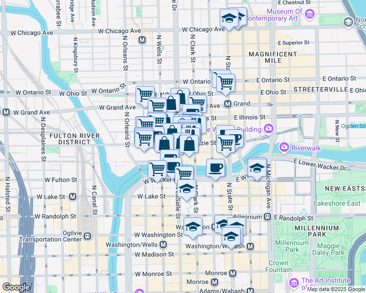 map of restaurants, bars, coffee shops, grocery stores, and more near 113 West Kinzie Street in Chicago
