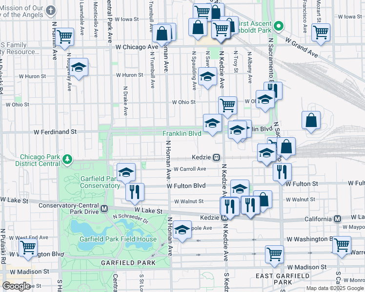 map of restaurants, bars, coffee shops, grocery stores, and more near 400 North Spaulding Avenue in Chicago