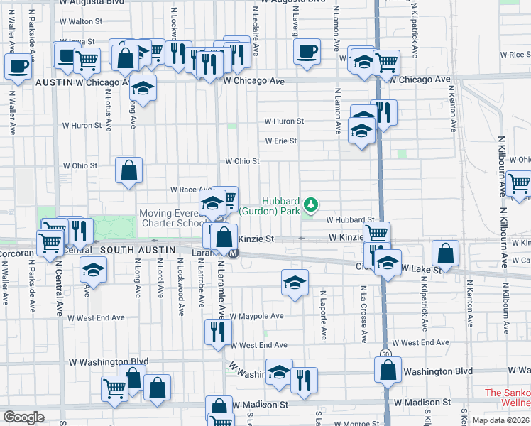 map of restaurants, bars, coffee shops, grocery stores, and more near 438 North Leclaire Avenue in Chicago