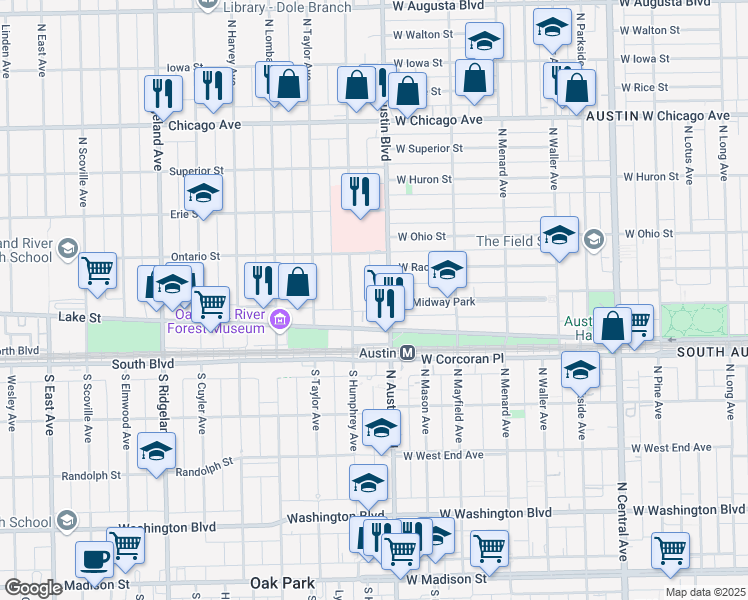 map of restaurants, bars, coffee shops, grocery stores, and more near 444 North Austin Boulevard in Oak Park