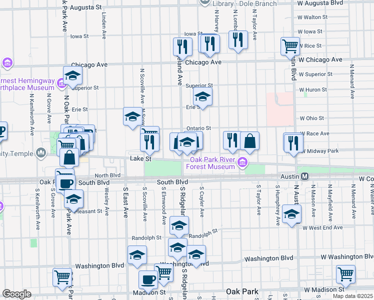 map of restaurants, bars, coffee shops, grocery stores, and more near 140 North Ridgeland Avenue in Oak Park