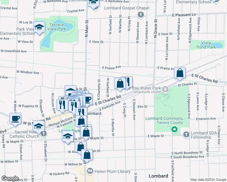 map of restaurants, bars, coffee shops, grocery stores, and more near 143 East Grove Street in Lombard
