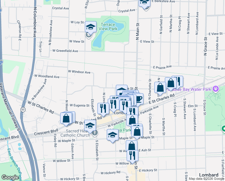 map of restaurants, bars, coffee shops, grocery stores, and more near 129 West Grove Street in Lombard