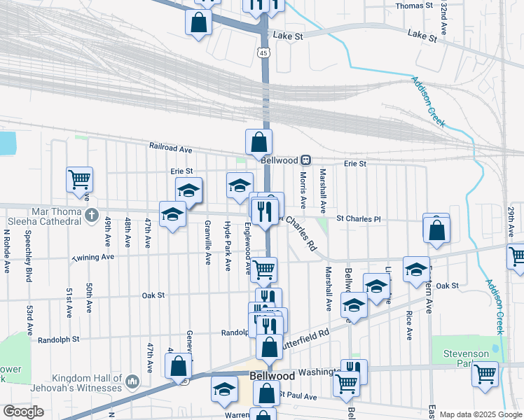 map of restaurants, bars, coffee shops, grocery stores, and more near 4103 Saint Charles Road in Bellwood