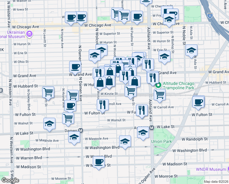 map of restaurants, bars, coffee shops, grocery stores, and more near 1806 West Kinzie Street in Chicago