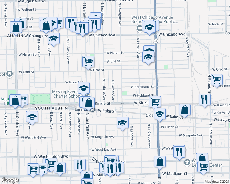 map of restaurants, bars, coffee shops, grocery stores, and more near 439 North Lawler Avenue in Chicago