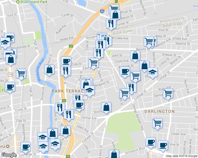 map of restaurants, bars, coffee shops, grocery stores, and more near 28 Magnolia Street in Pawtucket