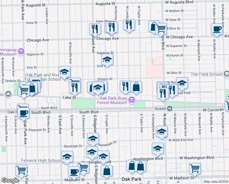 map of restaurants, bars, coffee shops, grocery stores, and more near 143 North Harvey Avenue in Oak Park