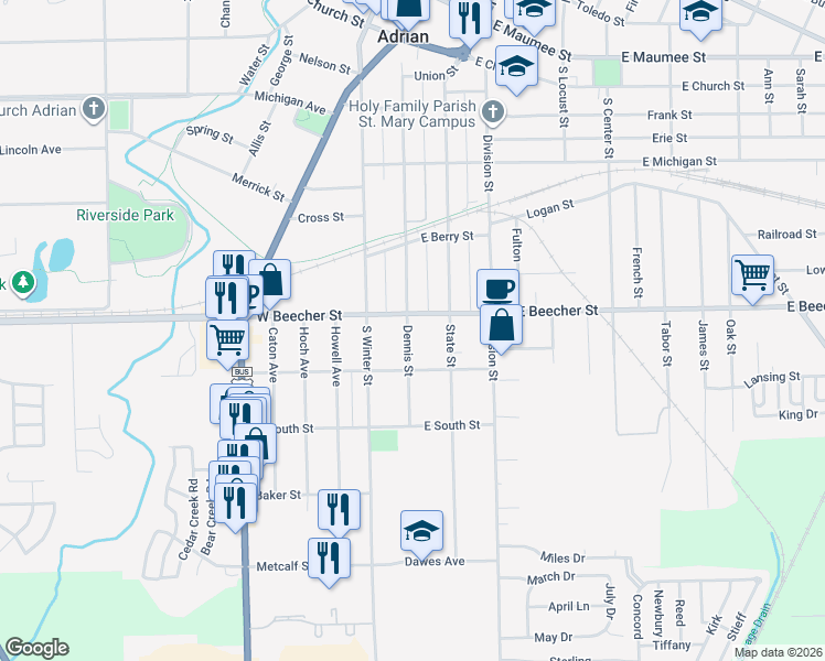 map of restaurants, bars, coffee shops, grocery stores, and more near 714 Dennis Street in Adrian