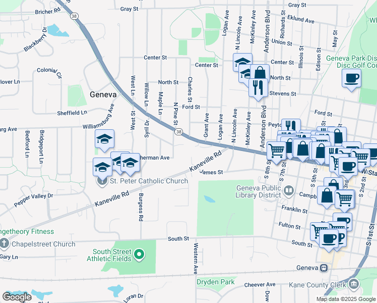 map of restaurants, bars, coffee shops, grocery stores, and more near 1340 West State Street in Geneva