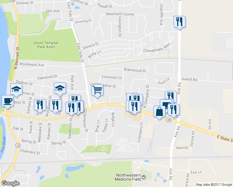map of restaurants, bars, coffee shops, grocery stores, and more near 220 Longview Drive in Geneva