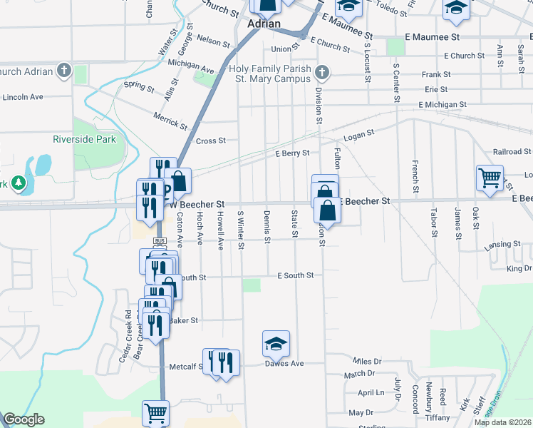 map of restaurants, bars, coffee shops, grocery stores, and more near 714 Dennis Street in Adrian