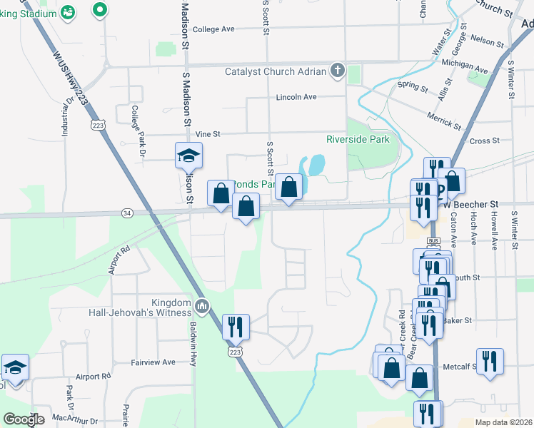 map of restaurants, bars, coffee shops, grocery stores, and more near 1001 West Beecher Street in Adrian