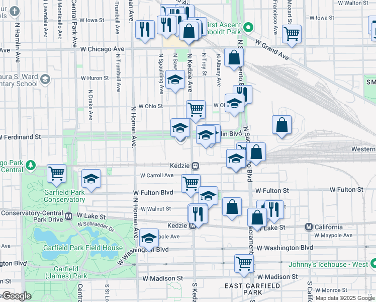 map of restaurants, bars, coffee shops, grocery stores, and more near 422 North Kedzie Avenue in Chicago