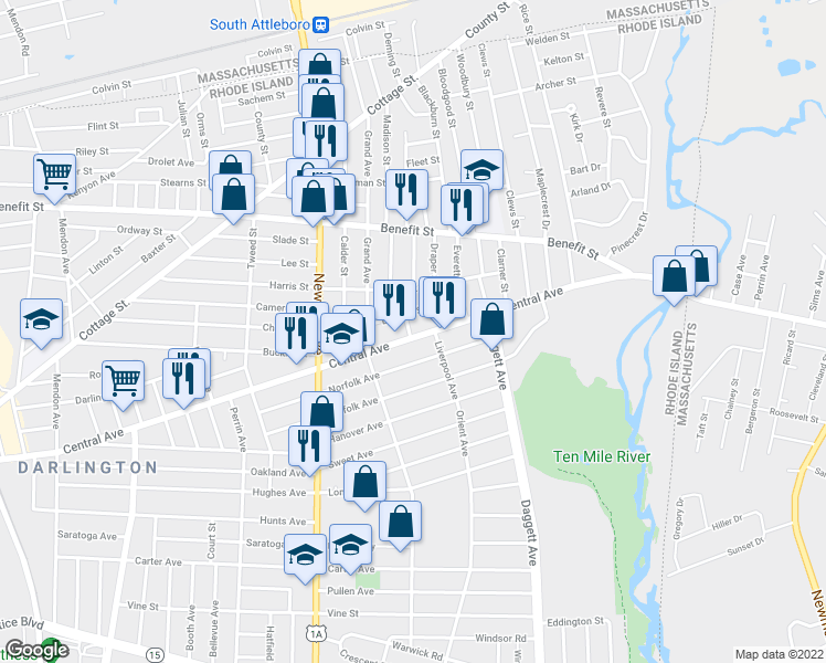 map of restaurants, bars, coffee shops, grocery stores, and more near 856 Central Avenue in Pawtucket