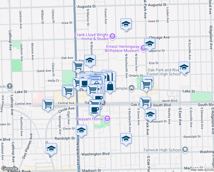 map of restaurants, bars, coffee shops, grocery stores, and more near 1000 Lake Street in Oak Park