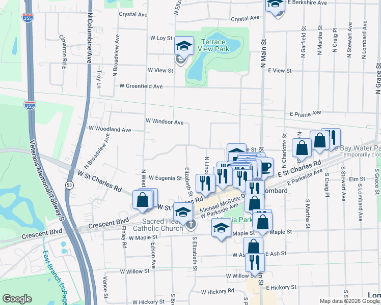 map of restaurants, bars, coffee shops, grocery stores, and more near 89 North Elizabeth Street in Lombard