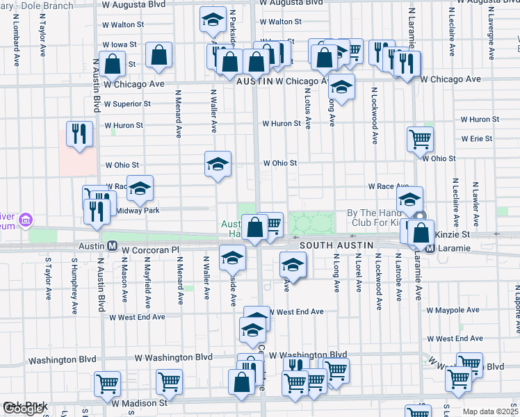 map of restaurants, bars, coffee shops, grocery stores, and more near 447 North Central Avenue in Chicago