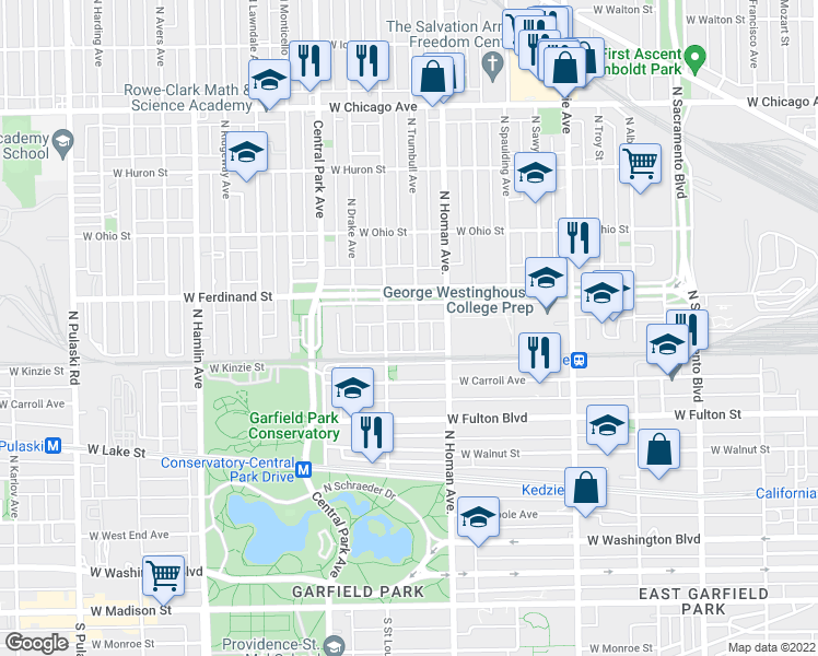 map of restaurants, bars, coffee shops, grocery stores, and more near 424 North Trumbull Avenue in Chicago