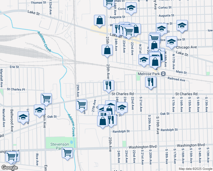 map of restaurants, bars, coffee shops, grocery stores, and more near 206 25th Ave in Bellwood