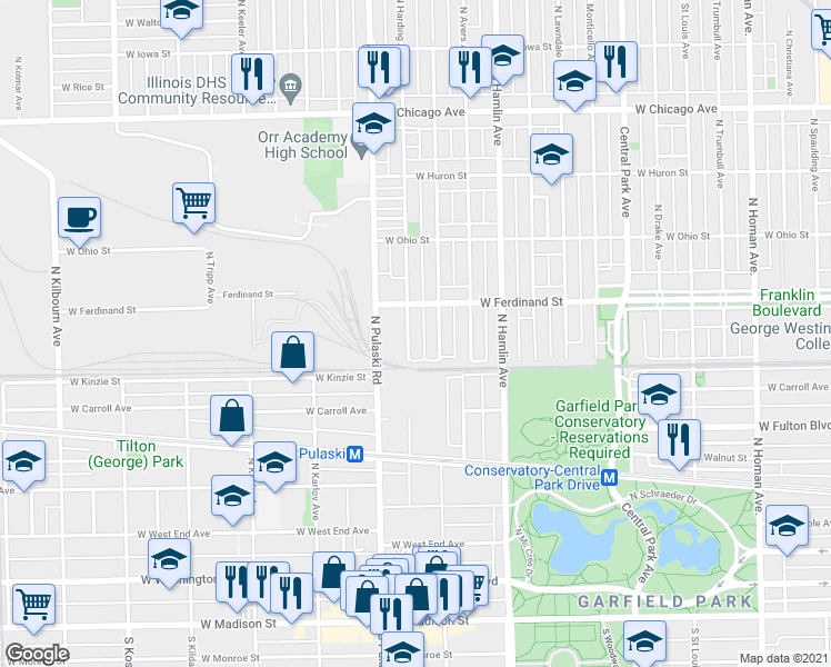 map of restaurants, bars, coffee shops, grocery stores, and more near 435 North Harding Avenue in Chicago