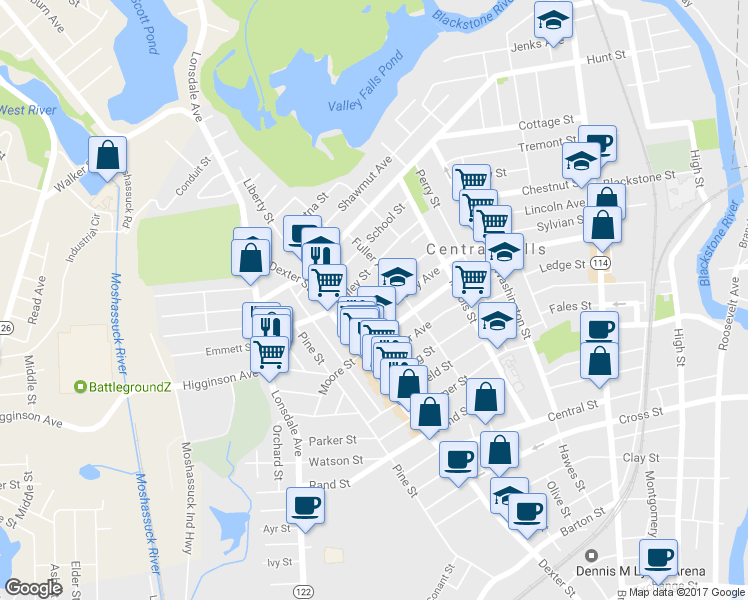 map of restaurants, bars, coffee shops, grocery stores, and more near 114 Butler Ave in Central Falls
