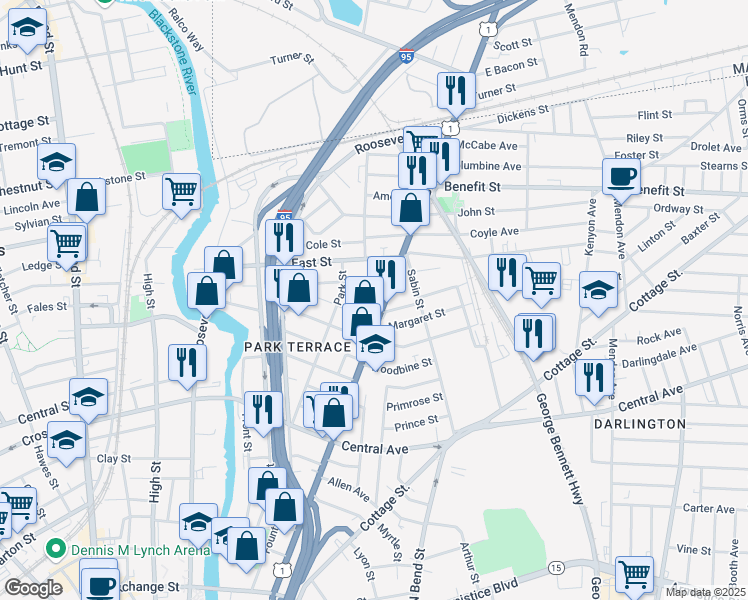 map of restaurants, bars, coffee shops, grocery stores, and more near 562 Broadway in Pawtucket