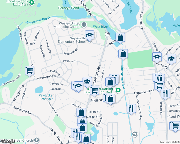 map of restaurants, bars, coffee shops, grocery stores, and more near 37 Progress Street in Lincoln