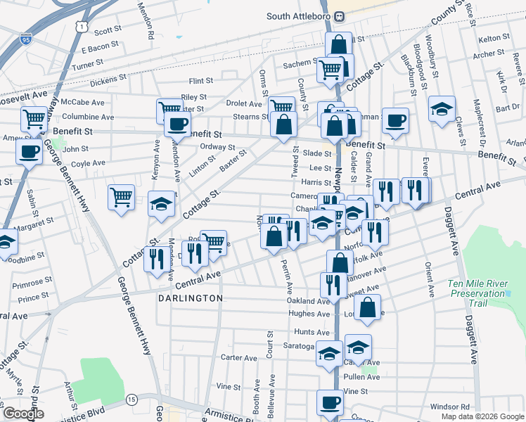 map of restaurants, bars, coffee shops, grocery stores, and more near 99 Chaplin Street in Pawtucket