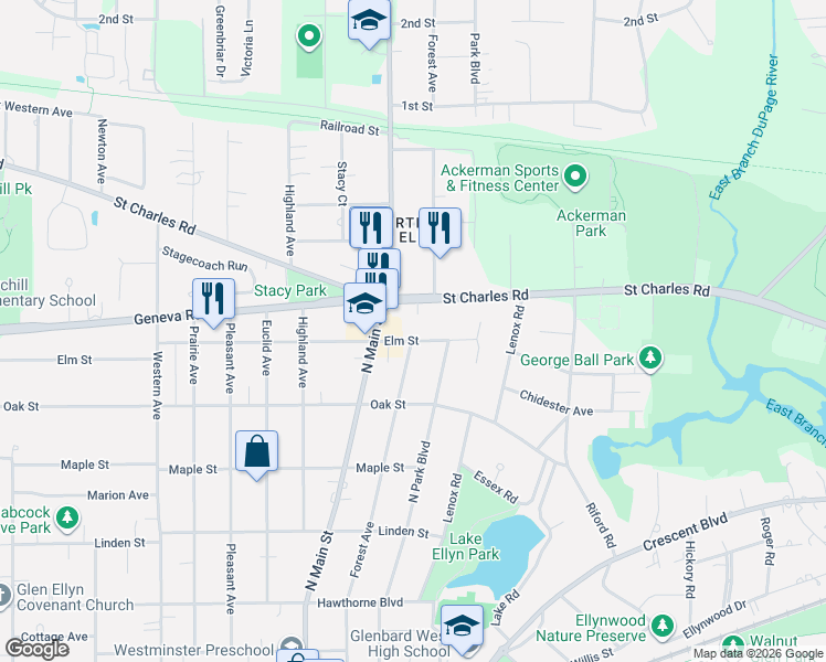 map of restaurants, bars, coffee shops, grocery stores, and more near 614 Elm Street in Glen Ellyn