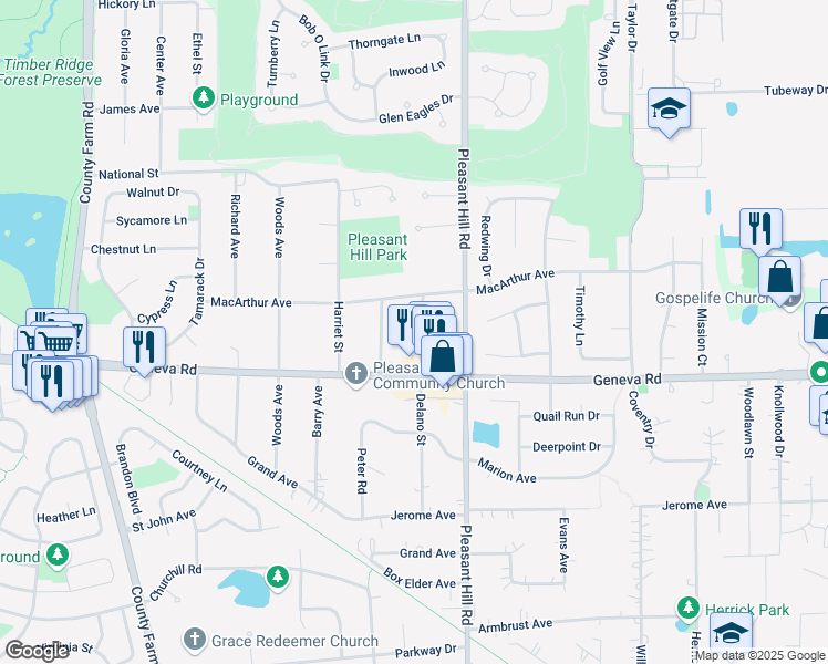 map of restaurants, bars, coffee shops, grocery stores, and more near 1N116 Delano Street in Carol Stream