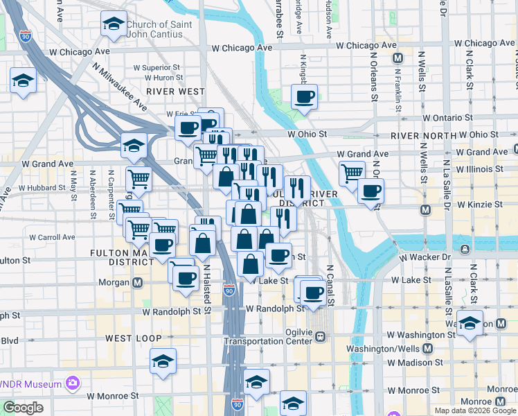 map of restaurants, bars, coffee shops, grocery stores, and more near in Chicago