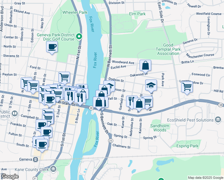 map of restaurants, bars, coffee shops, grocery stores, and more near 128 Howard Street in Geneva