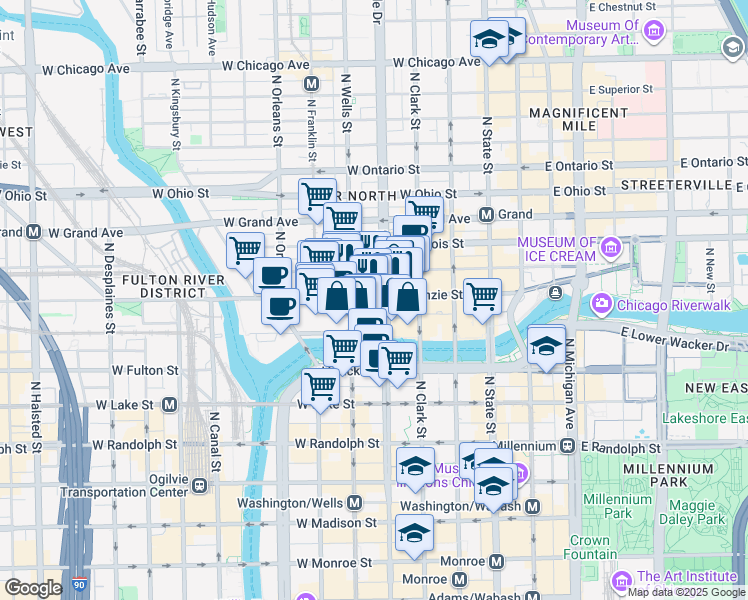 map of restaurants, bars, coffee shops, grocery stores, and more near 149 West Kinzie Street in Chicago