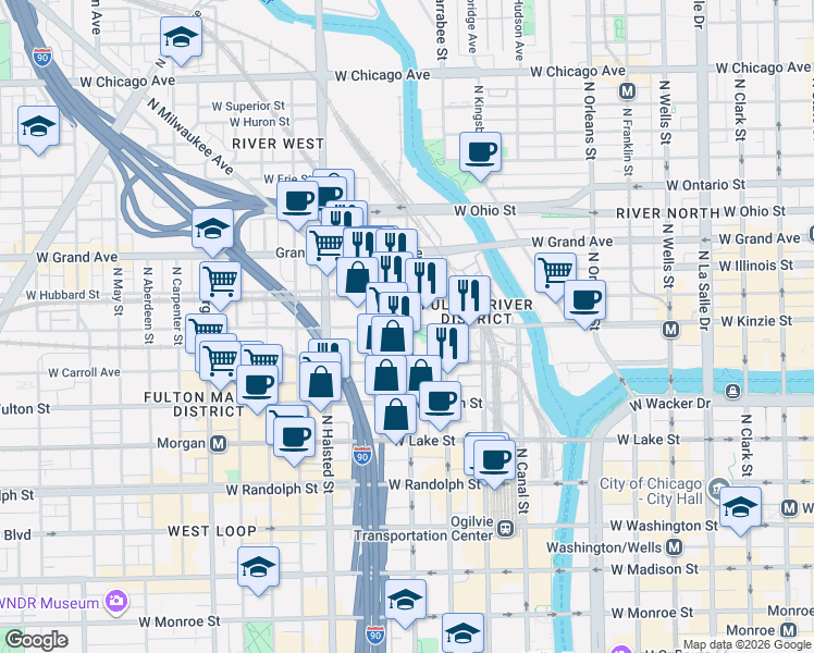 map of restaurants, bars, coffee shops, grocery stores, and more near N Desplaines St & W Kinzie St in Chicago