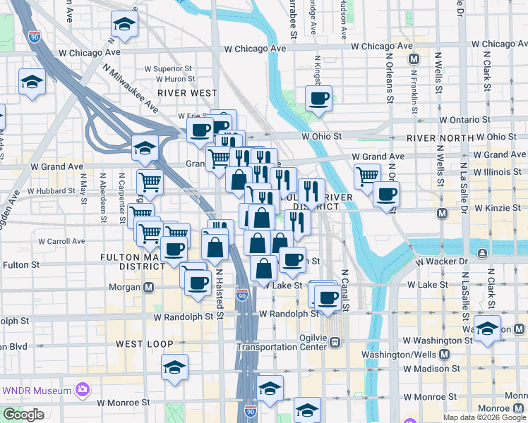 map of restaurants, bars, coffee shops, grocery stores, and more near in Chicago