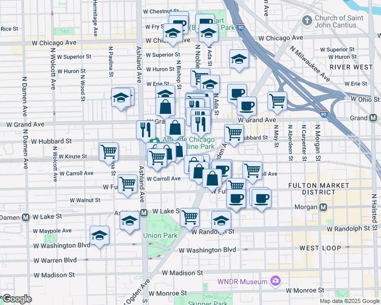 map of restaurants, bars, coffee shops, grocery stores, and more near 400 North Noble Street in Chicago