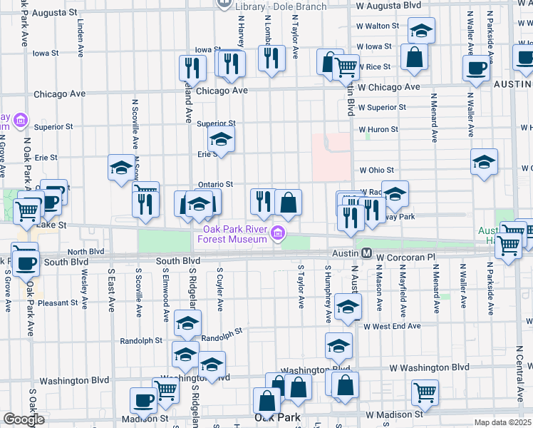 map of restaurants, bars, coffee shops, grocery stores, and more near 143 North Lombard Avenue in Oak Park