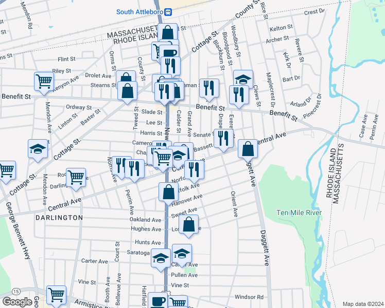 map of restaurants, bars, coffee shops, grocery stores, and more near 337 Grand Avenue in Pawtucket