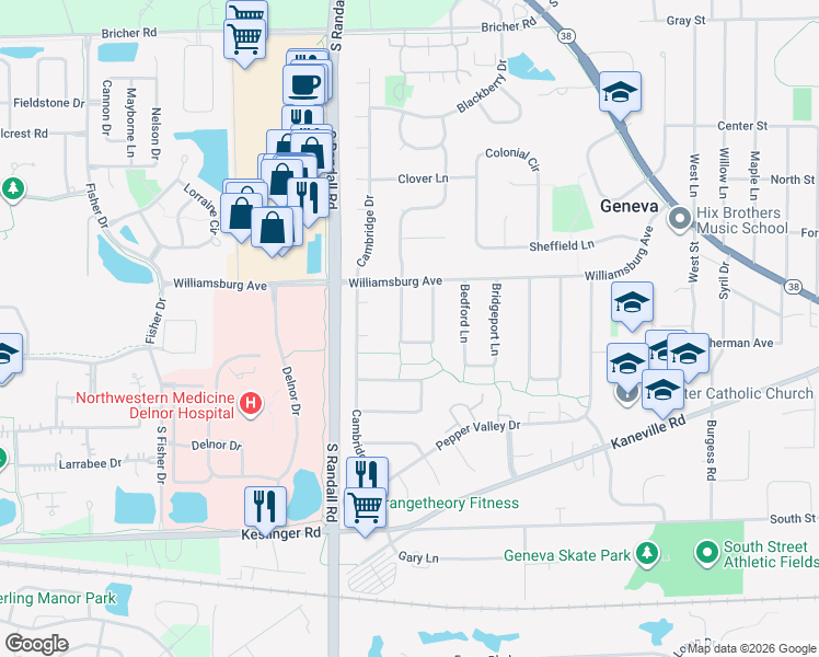 map of restaurants, bars, coffee shops, grocery stores, and more near 15 Wakefield Lane in Geneva