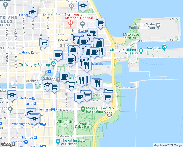 map of restaurants, bars, coffee shops, grocery stores, and more near 400 North McClurg Court in Chicago