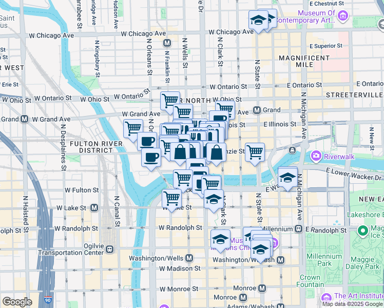 map of restaurants, bars, coffee shops, grocery stores, and more near 161 West Kinzie Street in Chicago