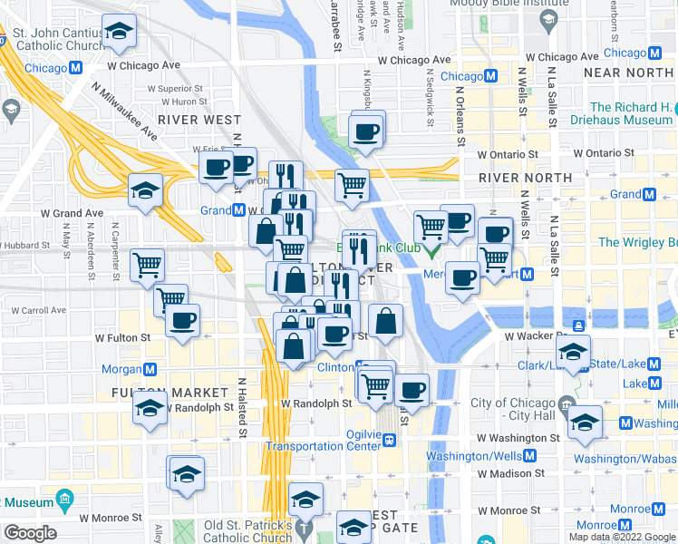 map of restaurants, bars, coffee shops, grocery stores, and more near W Kinzie St & N Jefferson St in Chicago