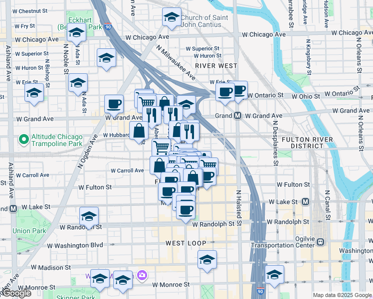 map of restaurants, bars, coffee shops, grocery stores, and more near 401 North Morgan Street in Chicago