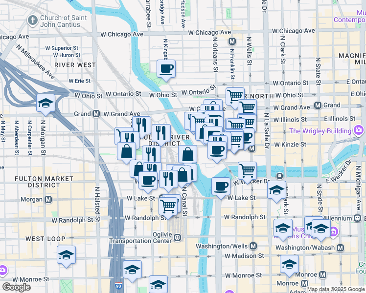 map of restaurants, bars, coffee shops, grocery stores, and more near W Kinzie St & N Canal St in Chicago