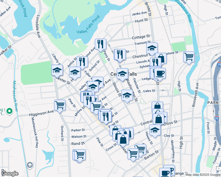 map of restaurants, bars, coffee shops, grocery stores, and more near 250 Cowden Street in Central Falls