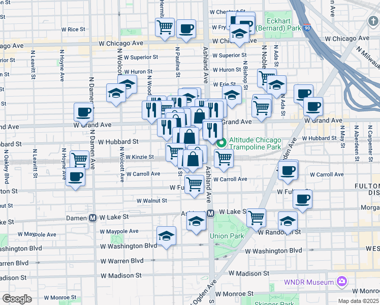 map of restaurants, bars, coffee shops, grocery stores, and more near 102 North Oswego Street in Chicago