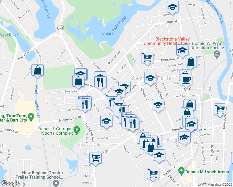 map of restaurants, bars, coffee shops, grocery stores, and more near 112 Butler Avenue in Central Falls
