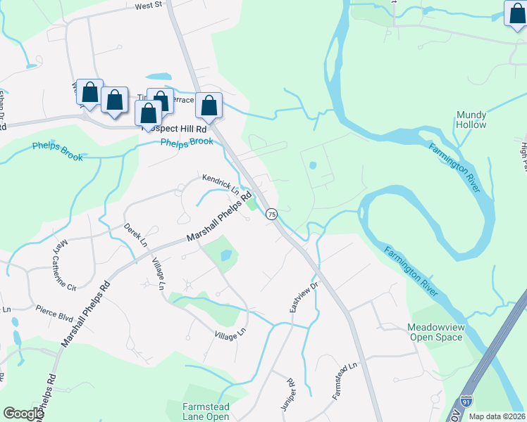 map of restaurants, bars, coffee shops, grocery stores, and more near 1275 Poquonock Avenue in Windsor