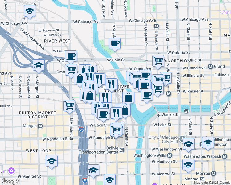 map of restaurants, bars, coffee shops, grocery stores, and more near W Kinzie St & N Clinton St in Chicago